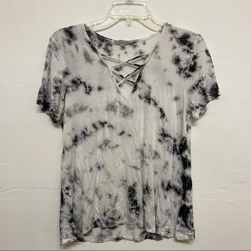 Charlotte Russe Tie Dye Cross Chest Blue and White Short Sleeve top